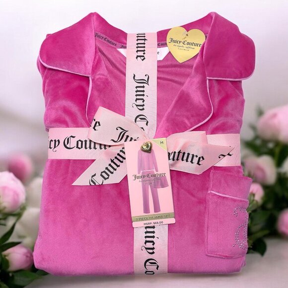 Juicy Couture Logo 3 Piece Top, Pants & Shorts Pink Pajama Gift Set Size M or L - Picture 2 of 6